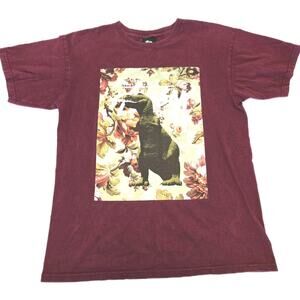 Stussy T Rex Shirt Men's Size Medium Red Casual Short Sleeve Floral Dinosaur